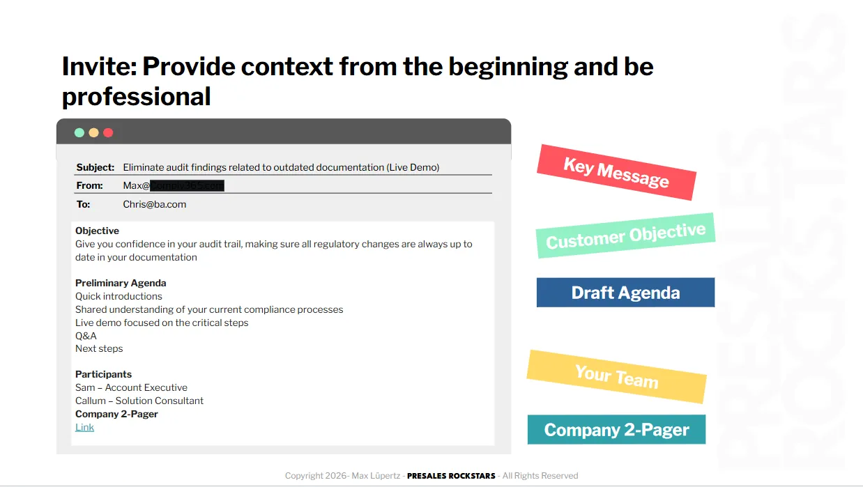 Set context early: a professional invite that frames objective, agenda and participants.