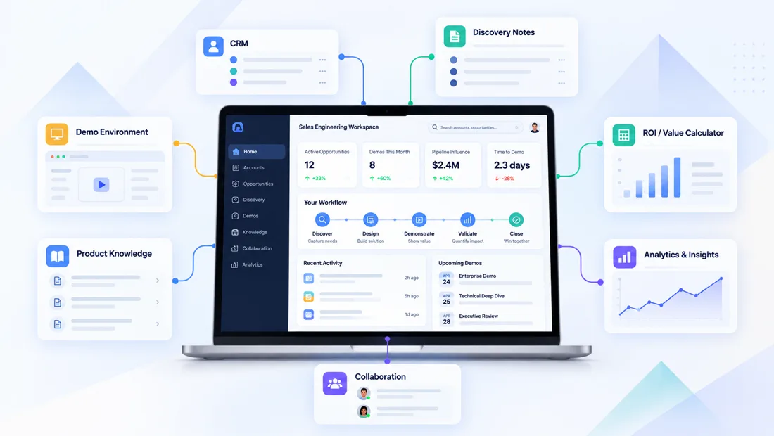 Sales engineering workspace connecting demo environments, CRM, discovery notes, product knowledge, collaboration, ROI calculations, and analytics