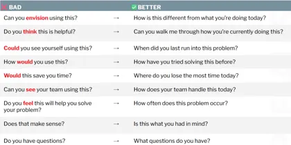 Comparison table of bad versus better demo questions