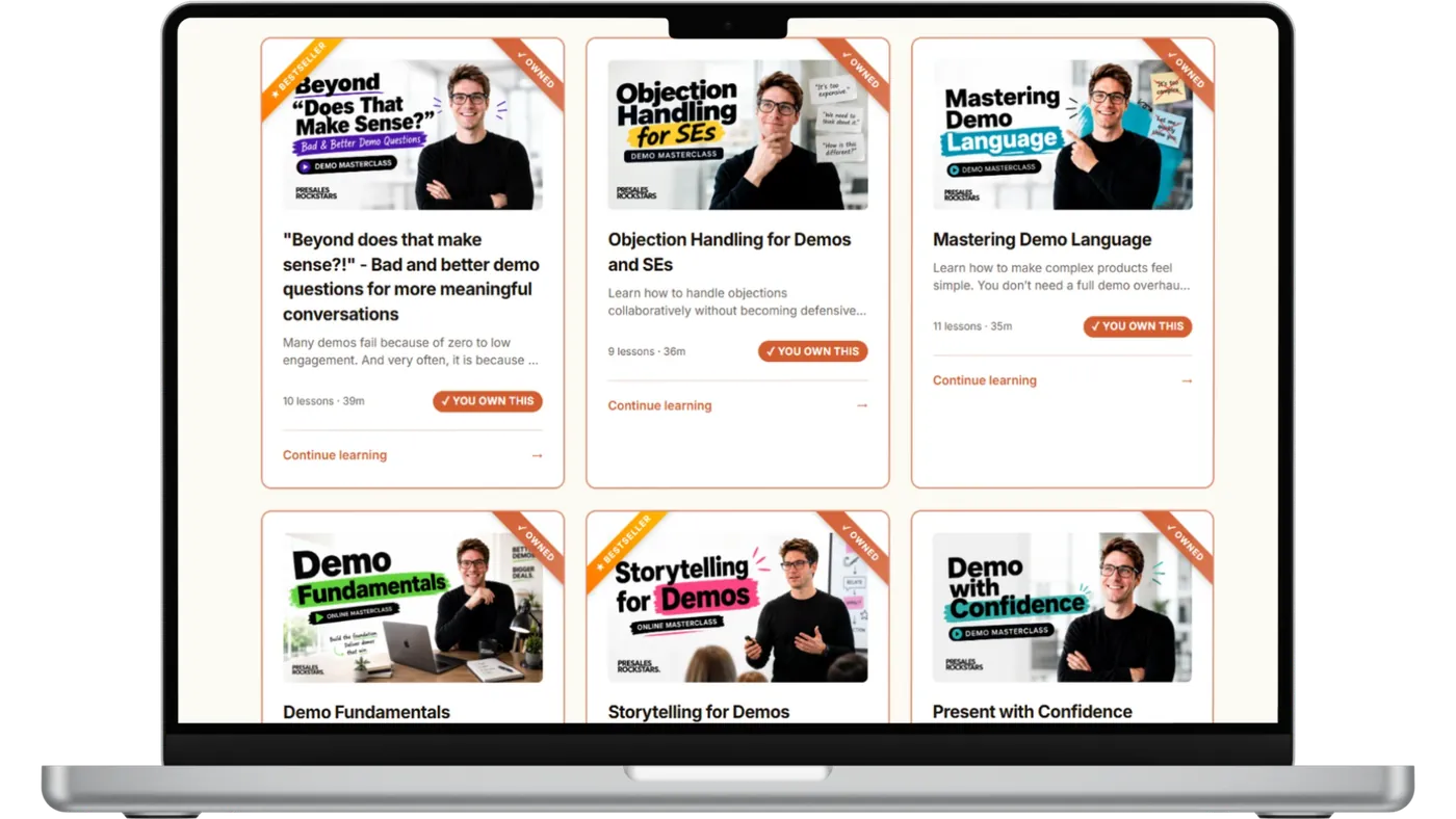 Demo Playbook video courses for Solution Engineers on a laptop