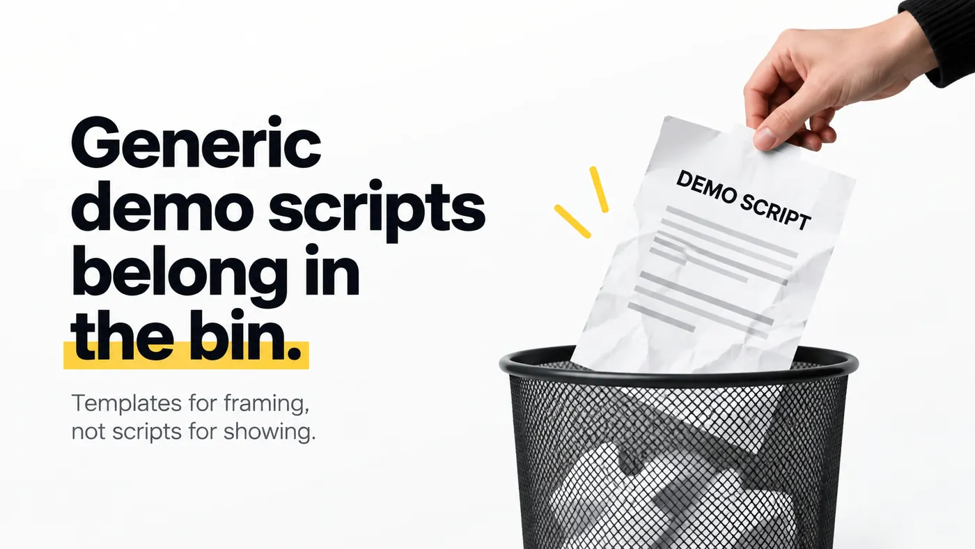 Generic demo scripts belong in the bin. Templates for framing, not scripts for showing.