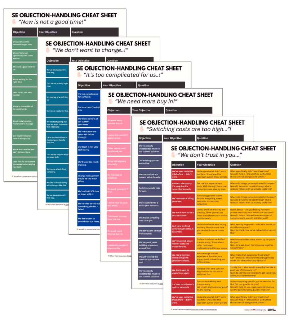 Cover of the free objection handling cheat sheet for solution engineers